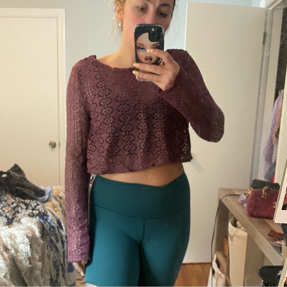 Free people open back crochet long sleeve gauze crop top